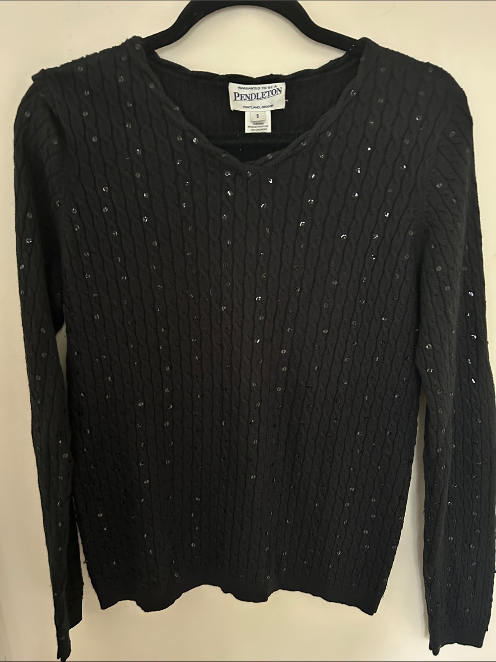 Pendleton Black Scoop Neck Cable Knit Sweater with Subtle Sequins